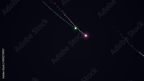 Vibrant glowing particles swirl in dark space with neon lights