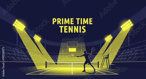 Evening Tennis Championship: The Stadium Lights Illuminate Prime Time Play with Player Silhouette