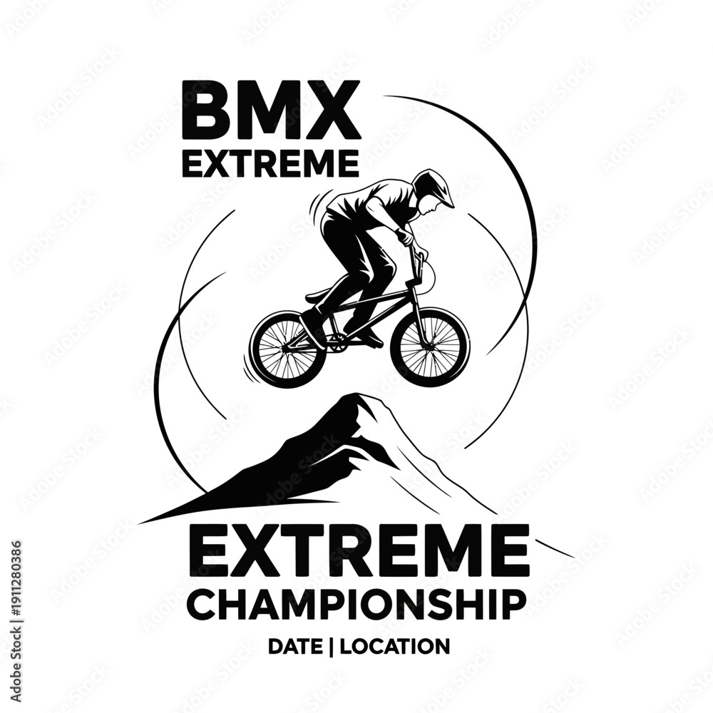 Naklejka premium Extreme Bmx Rider Performing Stunts Over Mountains In Dynamic Illustration