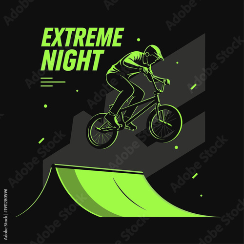 Extreme Night BMX Rider Mid-Air Jump Over Ramp Silhouette Neon Glow
