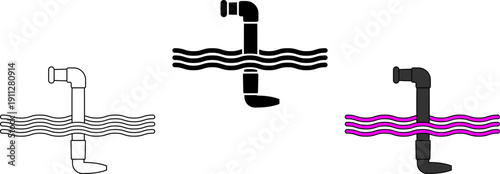 Set of three submarine periscope icons above wavy water in outline, solid black, and colorful style