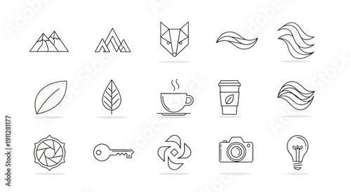 Comprehensive set of vector icons for travel and summer design featuring sun, sea, and food symbols in a flat illustration style collection