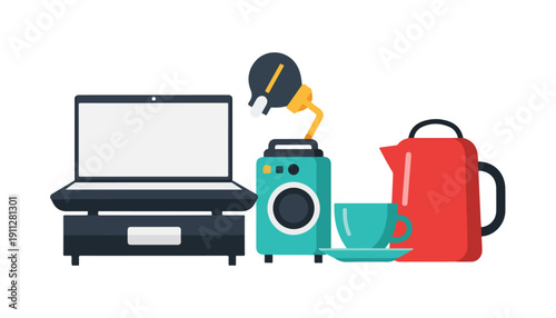 A collection of household appliances and electronics including a laptop, washing machine, kettle, and teacup.