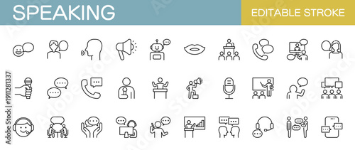 話すことに関するアイコンセット　会話・ミーティング・電話・コミュニケーションなど（線幅変更可能）