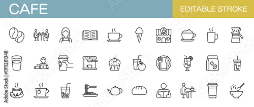 カフェに関するラインアイコンセット　飲み物や食べ物など（線幅変更可能）