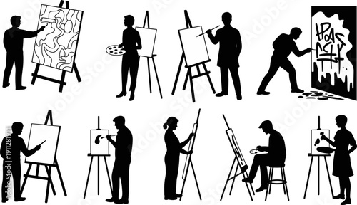 Artist silhouettes painting on canvas and street graffiti wall, creative people drawing on easels collection isolated on white background, black vector illustration set