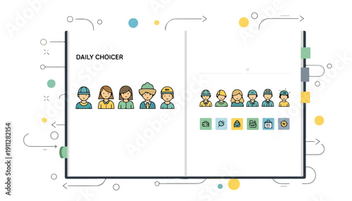 A graphic illustration titled "DAILY CHOICER" showing diverse cartoon avatars of people and various choice icons, representing daily decision-making processes.
