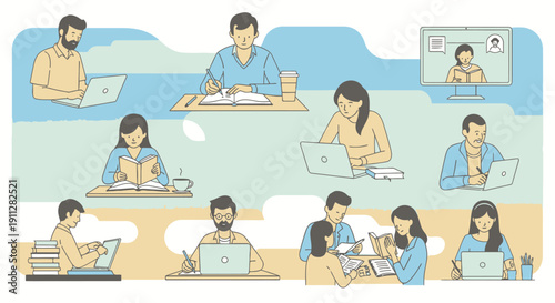 People studying and collaborating in a coworking space with laptops and books