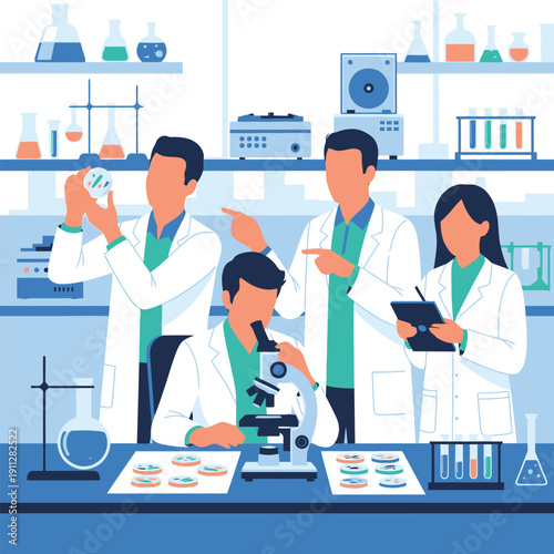 Medical researchers in lab studying samples with microscope and test tubes