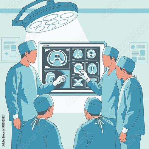 Medical Team Analyzing Diagnostic X-ray Images on Large Screen
