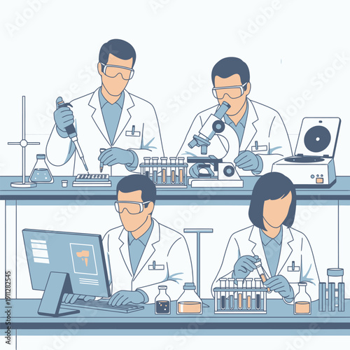 Medical researchers and technicians conducting experiments in laboratory