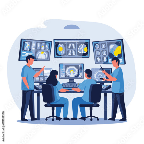 Medical Imaging Team Analyzing CT/MRI Scans in Control Room