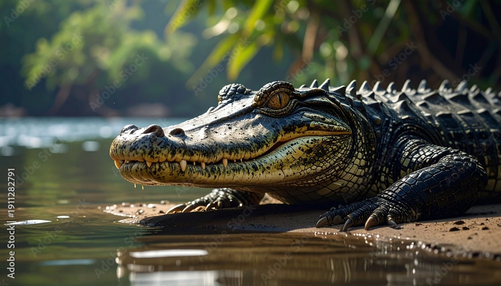 Obraz premium Crocodile resting near riverbank with textured skin and realistic lighting
