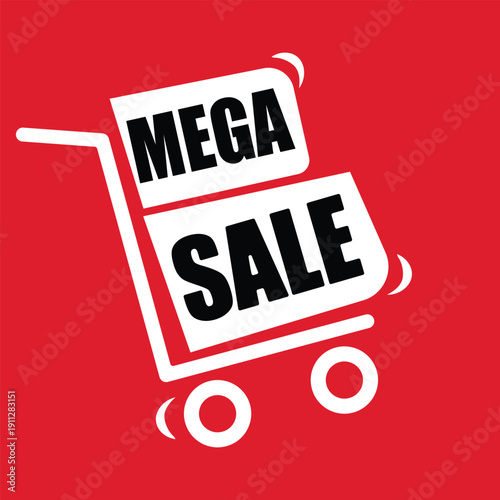 Shopping cart with mega sale sign indicating a large discount event