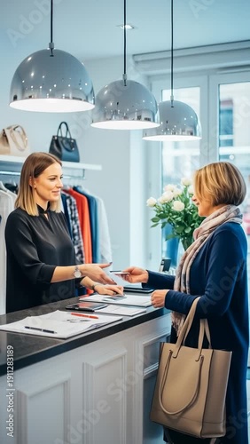 Customer Paying With Credit Card at Boutique Counter, Sales Assistant Smiling