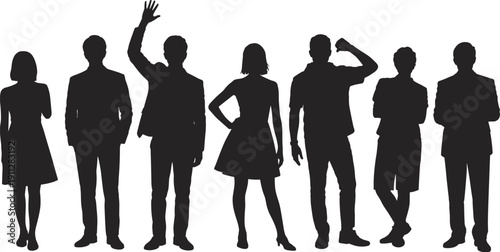 Flat vector illustration of diverse human silhouettes standing together in varied postures representing individuality, diversity, unity, identity, and creative design concept
