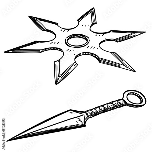 ninja shuriken and kunai vector line art hand drawn illustration
