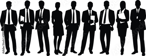 Flat vector illustration of professional business team silhouettes standing together in corporate attire representing teamwork, leadership, unity, and workplace diversity concept