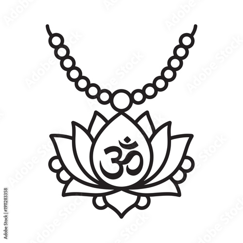 Black and white illustration of a lotus flower with a beaded necklace