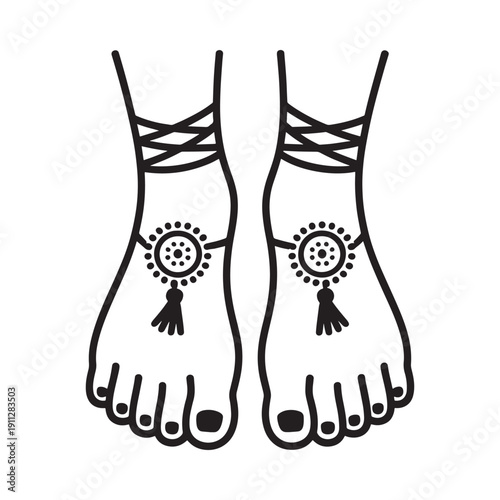 Simple line drawing of two bare feet adorned with anklets and henna