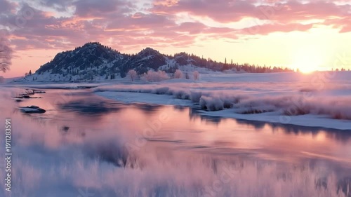 Snowy landscape with river and mountain reflecting the soft sunset light