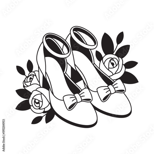 Elegant black and white illustration of women s heels with roses and bows