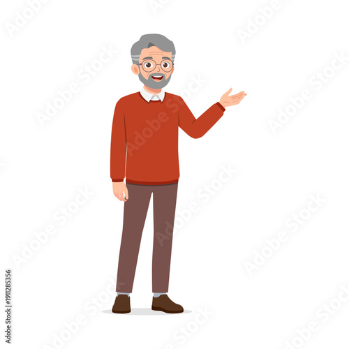 Elderly man with grey hair and beard smiling happily while gesturing with his hand presenting something