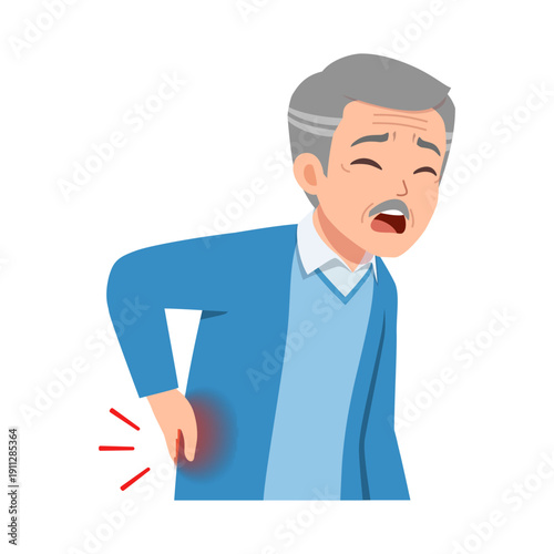 Elderly Asian man suffering from intense lower back pain holding his aching back with a pained expression