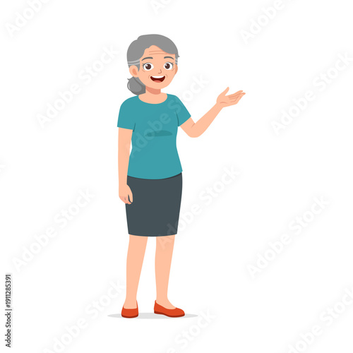 Happy Senior Asian Woman Standing and Presenting with a Cheerful Smile in a Friendly Pose