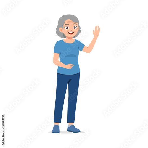 Smiling happy elderly woman with grey hair waving hand a cheerful friendly welcoming expression