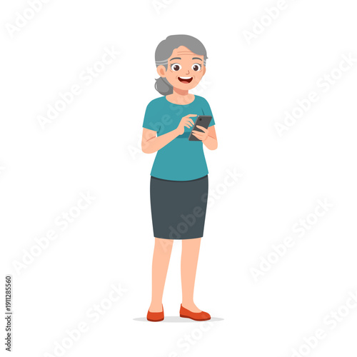Happy senior Asian woman standing and smiling while using her smartphone with a cheerful expression