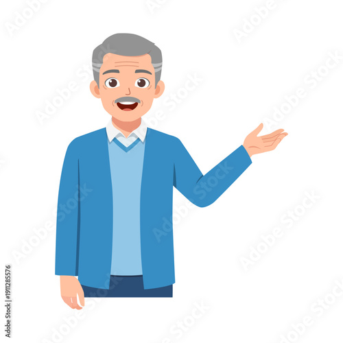 A friendly smiling Asian senior man gesturing with his hand and presenting something happily