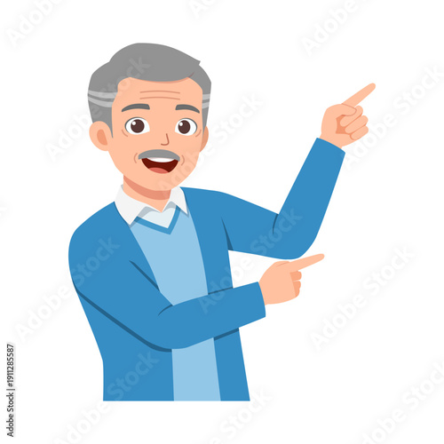 Happy senior man with grey hair smiling and pointing up with both hands wearing blue sweater and cardigan illustration