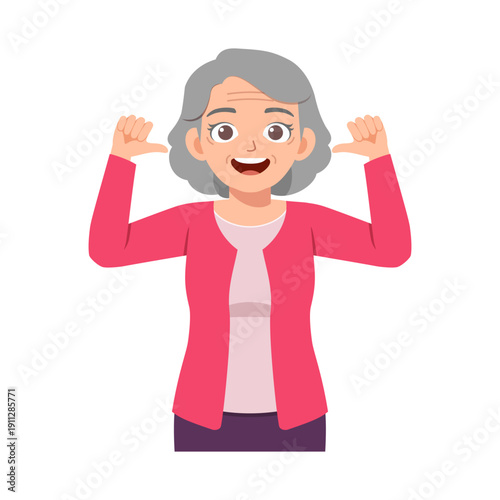 Happy senior woman pointing thumbs at herself with a confident proud smile in a colorful illustration