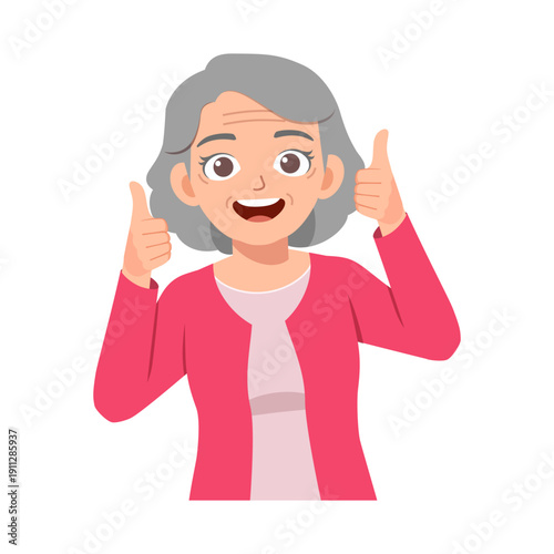 Happy smiling senior woman giving two thumbs up gesture with gray hair wearing pink cardigan