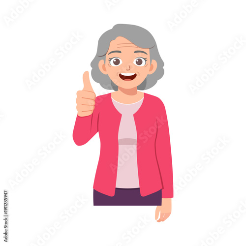 Senior woman smiling happily giving a confident thumbs up gesture showing approval and success in an illustration