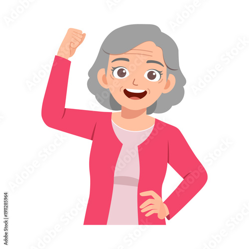 Smiling elderly woman with grey hair raising her fist in a confident happy gesture celebrating success
