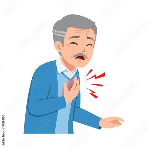 Elderly Asian man suffering from chest pain holding his chest looking distressed and unwell