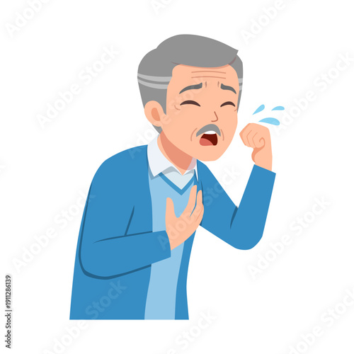 Elderly Asian man coughing feeling unwell and having a chest pain while holding his hand on his chest