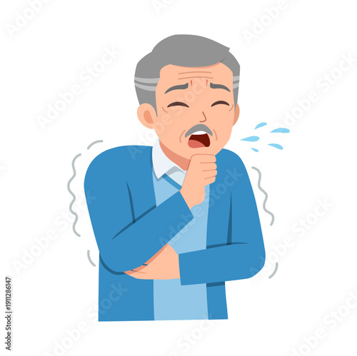 Elderly Asian man coughing and feeling unwell with hand over mouth showing sickness and discomfort in flat illustration