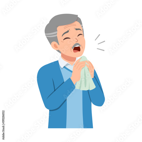 Asian elderly man feeling unwell sneezing into a tissue with closed eyes and open mouth wearing blue