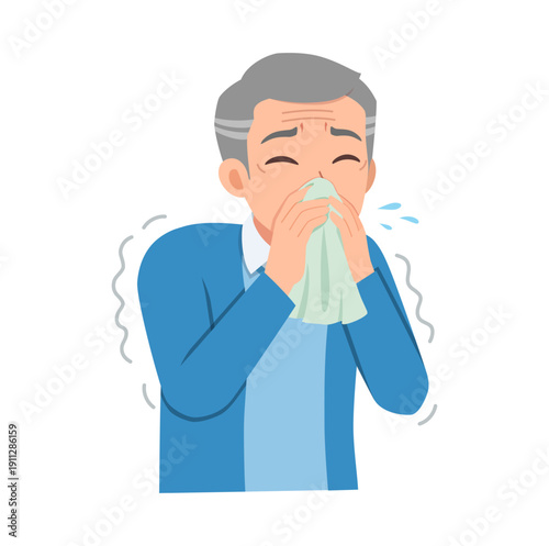 Asian Elderly Man Sneezing and Blowing Nose into Tissue Feeling Unwell with Cold or Allergy Symptoms