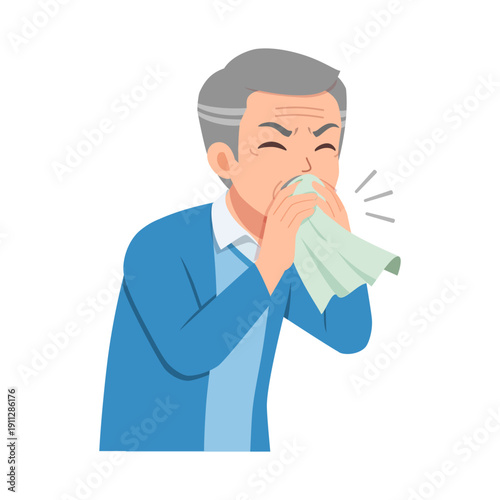 Asian Senior Man Sneezing into a Tissue Feeling Unwell or Sick with Distressed Expression in Flat Illustration Style