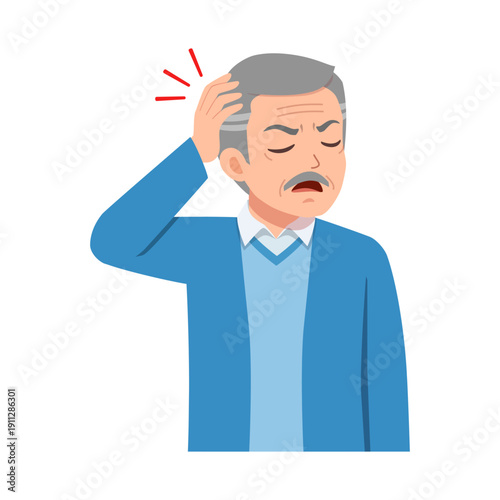 Elderly Asian man suffering from a headache feeling distressed with hand on head in a blue jacket