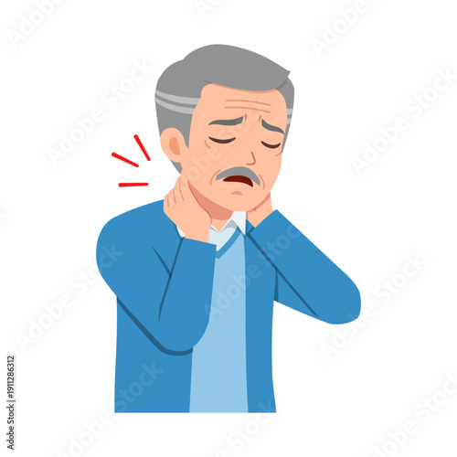 Elderly man with grey hair experiencing painful neck holding hands to his neck showing discomfort