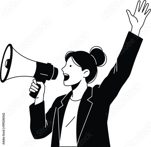 A woman in a blazer with a bun hairstyle shouts into a megaphone her arm raised high in a black and white line art illustration.