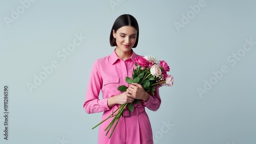 Wallpaper Mural Woman in Pink Outfit Holding a Bouquet of Roses, Looking Directly at Camera With a Gentle Smile Torontodigital.ca