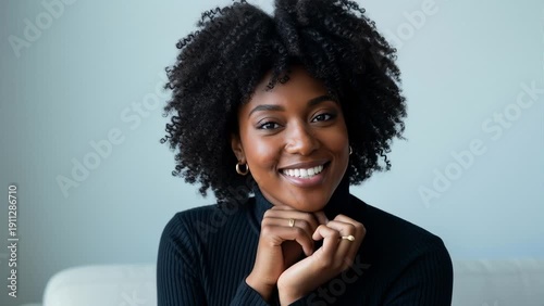 Wallpaper Mural Smiling African American Woman With Natural Curly Hair Looking Up, Close Up Portrait Torontodigital.ca