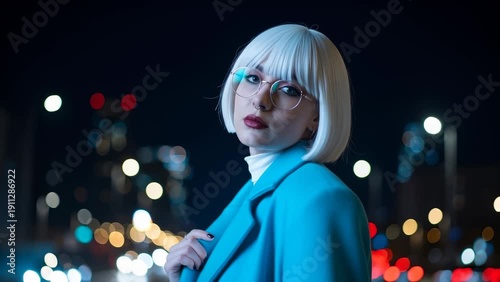 Wallpaper Mural Stylish Woman With White Bob Haircut and Blue Coat Posing at Night in City Lights Torontodigital.ca