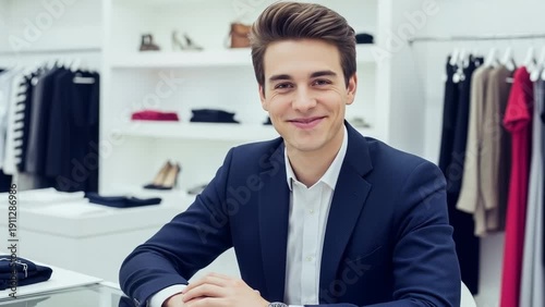 Wallpaper Mural Young Man in Business Attire Smiling in Clothing Store Interior With Racks of Apparel Torontodigital.ca
